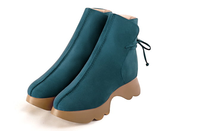 Peacock blue women's ankle boots with laces at the back.. Front view - Florence KOOIJMAN
